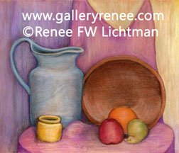 Blue Pitcher Wooden Bowl - Still Life Art Gallery Pastel Drawing From Artist Renee FW Lichtman